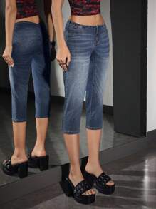 Jeanoix 女士休闲做旧斜插口袋猫须超低腰修身七分牛仔裤 - 藍色 - 查看 6