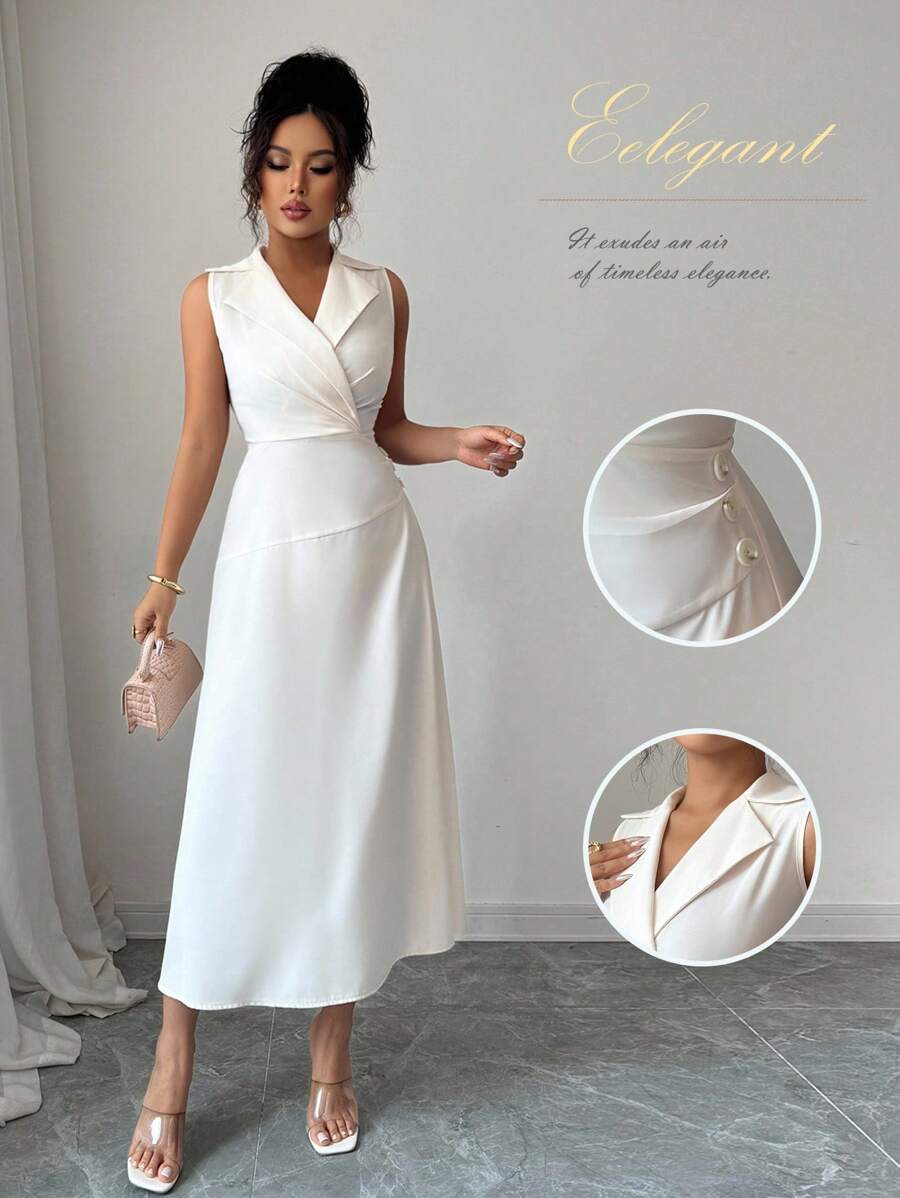 Chiquease Váy trơn cổ không tay thanh lịch, màu trơn, Xuân/Hè - Màu be - Xem 1