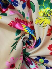 SHEIN LUNE Women's Full Print Tie Bow Puff Sleeve Short Sleeve Blouse