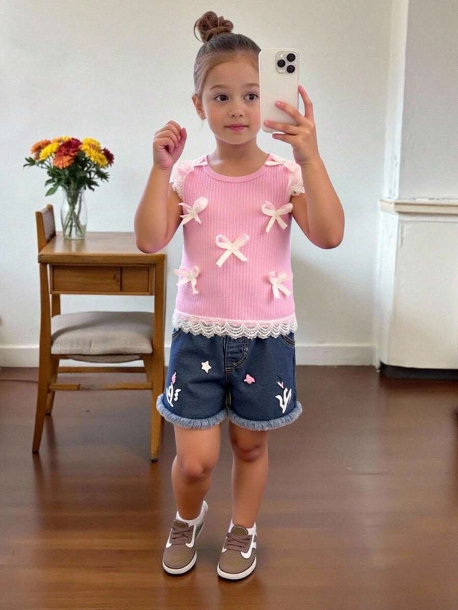 SHEIN 2pcs Young Girl Casual Set: Round Neck Lace Trim Sleeve Top And Denim Shorts - Pink - View 1