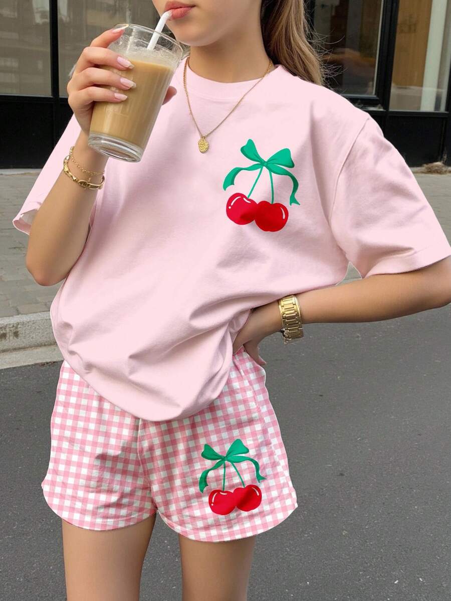 SHEIN Leap Crew 2pcs Cute Pink Butterfly & Cherry Print, Plaid Pattern, Chill Chill Summer, Tween Girl Casual Minimalist Short Sleeve Top And Shorts Set, Suitable For Summer, Back To School, Y2K, Summer Getaway, Vacay Vibes, Summer Holiday Cherry Two Piece Set For Girl Girls Cherry Shirt Cherry Kids Outfit Short Sleeve Sets Girl Summer Pink Gingham Cherry Shorts - Multicolor - View 1