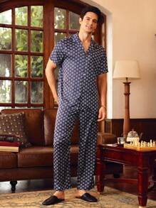 EverLounge Men's Geometric Print Short Sleeve Buttoned Top & Pants Homewear Set - Multicolor - View 1