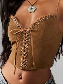 MISSGUIDED 绒面革系带紧身胸衣吊带上衣节日波西米亚风格西式紧身胸衣背心带索环细节无袖短款夏季俱乐部派对装 - 棕色 - 查看 6