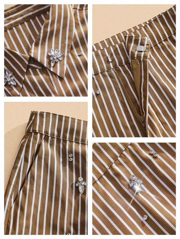 Elegant, Loose Fit, Modern Brown & White Striped Rhinestone Decorated Women's Shirt, Perfect For Commuting