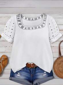 SHEIN LUNE Áo kiểu nữ cỡ lớn màu trắng cổ vuông thêu họa tiết ngày Quốc khánh 4 tháng 7 phong cách Boho, thích hợp cho mùa hè đi biển. - trắng - Xem 6