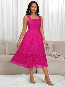 SHEIN Lady 2025 New Floral Lace Ruffle Hem Elegant Maxi Slip Dress For Women Fuchsia Dress Rose Lace Dress - Hot Pink - View 6