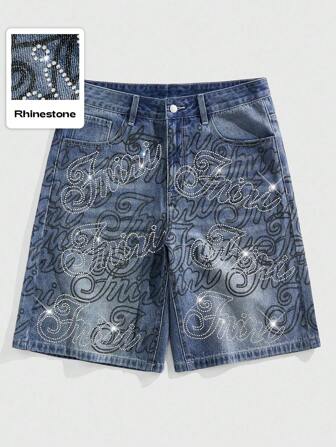 Street Life Men's Slogan Print Rhinestone Embellished Denim Shorts