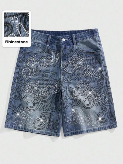Street Life Herren Denim Shorts mit Slogan-Muster und Strass Verzierung