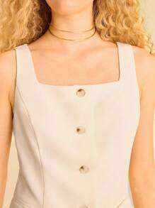 CAJUNI 女式休闲无袖上衣，下摆略开衩，搭配低腰半身裙套装，米色 - 米色 - 查看 5