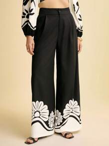 CAJUNI Damskie spodnie z szerokimi nogawkami i czarno-białym nadrukiem kwiatowym – odzież damska w stylu boho/odzież w stylu zachodnim dla kobiet/graficzna/codzienna – podstawowa/bluzki wyjściowe damskie/jesienna odzież damska - Wielokolorowe - Zobacz 8