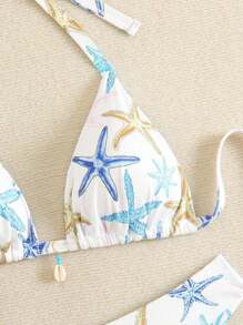 Swim Mod Plus Size Women Starfish Print Halter Neck Bikini Set With Shell Decor Swimsuit For Summer Beach Vacation - Multicolor - View 4