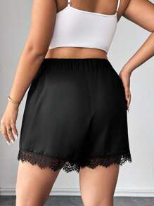 Elenzga Damen Große Größen Shorts mit Perlen Dekor und Spitzenbesatz - Schwarz - Übersicht 2