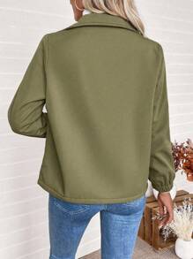 SHEIN Casual Solid Color Zipper Fleece Jacket, Autumn/Winter Fall Cloth For Women - Army Green - View 2