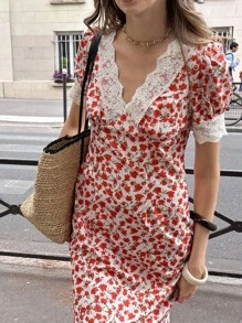 Chiquease 女士优雅花卉荷叶边领泡泡袖中长款度假连衣裙，夏季连衣裙，亮红色点缀，适合大学校园穿着 - 紅色 - 查看 5