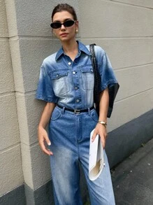 DAZY Bộ đồ liền thân denim đơn hàng ngày tay ngắn cho nữ Bộ đồ liền thân denim Bộ đồ liền thân jean Bộ đồ denim cho nữ Bộ đồ liền thân denim cho nữ - Màu xanh lam - Xem 2