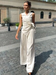 DAZY 女士交叉领高腰无袖背心和阔腿裤休闲两件套，度假风格 - 白色 - 查看 3