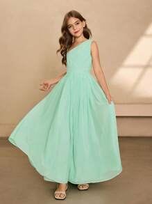 Minimalist Elegant Solid Color Dress, Tween Girls Partywear - Olive Green - View 5