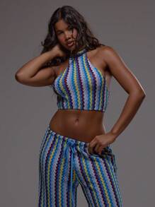 MUSERA High Neck Textured Patterned Crochet Striped Crop Top Only Boho Festival Holiday Summer Vacation Cute Elegant Ibiza Spring - Multicolor - View 1