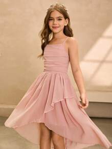 Đầm dự tiệc dài vừa phải hở vai dây mảnh màu hồng sang trọng thanh lịch dành cho bé gái tuổi mới lớn, thích hợp cho tiệc sinh nhật, đám cưới, vũ hội, tiệc chiêu đãi, biểu diễn, phù dâu và kỳ nghỉ - Hồng - Xem 6