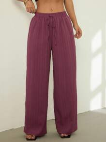 SHEIN PETITE 女士休闲纯色纹理面料抽绳腰斜口袋阔腿宽松裤 - Bold Plum - 查看 7