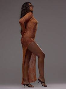 MUSERA 喇叭形长袖做旧针织不对称下摆长裙，适合节日、音乐会、锐舞派对、夜店、夏季、性感后台、假日海滩婚礼宾客、优雅约会、秋冬季等场合。