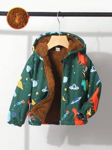 Young Boys Cute Dinosaur Pattern Thermal Fleece Lined Hooded Jacket,Warm Outerwear For Autumn,Spring And Winter,Suitable For Outdoor,School And Home - Multicolor - View 3