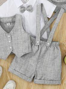 Souflis Souflis 4 件套男婴服装 - 短袖衬衫配领结和格子吊带短裤，优雅复古绅士风格，适合特殊场合