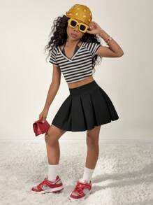 Coolane Kids 青少年女孩夏季可爱针织褶皱超黑色短款迷你裙，适合开学秋冬