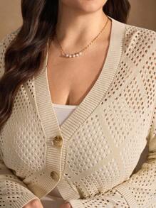 SHEIN Clasi Plus Size Women Knitted Cardigan, Short Style, Long Sleeve, Diamond Pattern, Versatile, Beige Color, Autumn Plus Size Summer Cardigan Plus Size Knitted Cardigan - Khaki - View 7