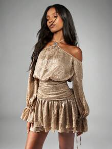 MISSGUIDED Off Shoulder Snake Print Mini Dress Long Puff Sleeve Ruched Waist Party Evening Holiday Special Occasion Fall Winter Spring Clubwear - Gold - View 3