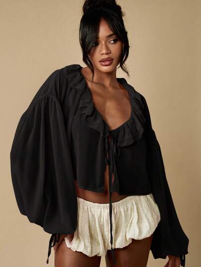 MISSGUIDED Ruffled Peasant Blouse Victorian Style Bishop Sleeve Crop Top Ruffle Collar Renaissance Boho Festival Cottage Core Summer Blouse