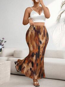 SHEIN CURVE+ Plus Size Fashion Casual Everyday Versatile Slim Fit Women Skirt Animal Print Skirt Plus Size Skirt Brown Maxi Skirt Pleated Skirt Earth Tone Skirt Fall Cloth For Women Cheetah Print Skirt Long Brown Skirt Mermaid Skirt - Coffee Brown - View 4