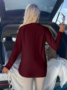 EURMUSE Women Solid Color Mock Neck Raglan Sleeves Sweater - Burgundy - View 3