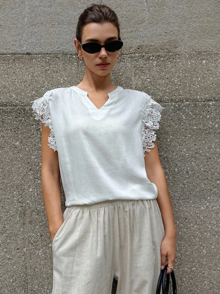 Women's Loose Fit V-Neck Casual Shirt With Ruffled Trim And Flutter Sleeves