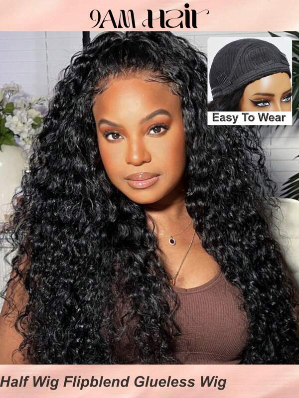 Water Wave Half Wig With Drawstring No Lace Minimal Leave Out Flip Over Invisible Hairline Wig For Beginners Blend Secure Half Wig Glueless 360° Silicone Grip Flipblend Effortlessly Pre Trimmed Pre Laid Baby Hairs Easy To Wear No Glue 100% Human Hair