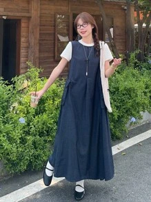 DAZY Korean Style Washed Casual Denim Dress For Women - Blue - View 9