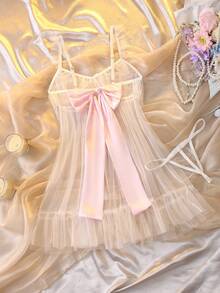 2件荷叶边，网眼拼接，多层蛋糕设计，透视装，粉色大蝴蝶结，纯真性感，优雅女士性感睡裙蝴蝶结细节，适合外出穿着