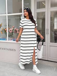Solflare Plus Size Black & White Striped Split Sleeve Casual Dress,Sun Dresses For Women