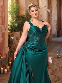 Glamrae Váy dài đuôi cá xẻ tà cao cổ chữ V sâu màu xanh lá cây thanh lịch lãng mạn cỡ lớn có đính sequin chắp vá bằng vải satin co giãn có viền đính cườm hai bên, phù hợp cho đám cưới, tiệc tùng, sự kiện tiệc chiêu đãi - màu xanh lá - Xem 1