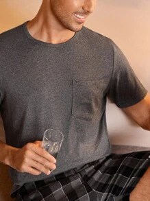 Manfinity Underwear&Sleepwear Basics Pijama masculino con estampado de cuadros y bolsillo parche