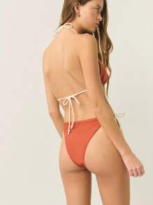 Nöista Women's Two-Tone Triangle Bikini Set With Central Bead,Rust And Brown Tie-Side Beachwear,Summer Casual Rave Vacation Holiday Minimalistic Outfits - Red - View 6