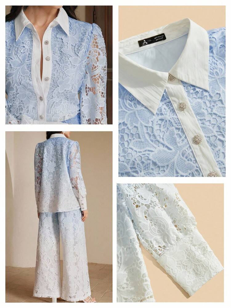 2pcs/Set Women Elegant Gradient Printed Lace Decorative Blouse & Wide-Leg Pants