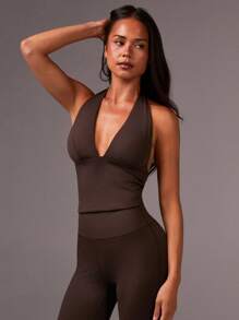 Athîral 女式纯色露背吊带上衣和运动裤套装 - 咖啡棕 - 查看 6