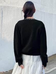 FRIFUL 女士蝴蝶结领饰抽绳开襟贝壳纽扣装饰宽松休闲毛衣，秋季 - 黑色 - 查看 4