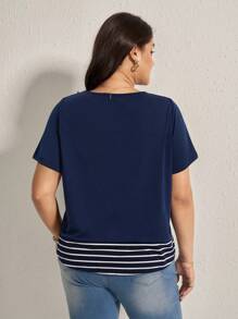 SHEIN LUNE Camiseta informal de verano de estilo occidental, bohemio y de los 90 para mujer, con tallas grandes, en diseño de parches a rayas y en contraste de color, con bolsillo decorativo, para salir