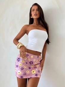 Aloruh Women's Summer Side Zipper Floral Sequin Embellished A-Line Skirt - Multicolor - View 3