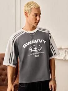 SWAVVY 男士夏季休闲宽松撞色印花翻边短袖T恤 - 灰色 - 查看 5