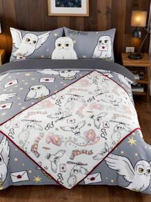 HARRY POTTER X SHEIN Bộ đồ giường 3 món, họa tiết in toàn bộ hình Hedwig, vỏ chăn màu hồng, mềm mại & ấm áp, ấm áp & có thể giặt bằng máy, phù hợp với giường đôi/giường đôi/giường Queen/giường King, ký túc xá/nhà riêng - Xám - Xem 5