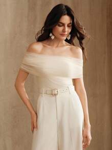 Anewsta Women's Elegant Fashionable Minimalist Mesh Patchwork Off Shoulder Knit Blouse - Apricot - View 3