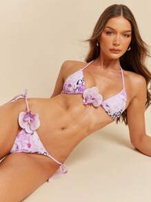 L'Amorae Women's Animal Lace Floral Printed Bikini Bottom With Hibiscus Flower Trim For Summer Beach Vacation